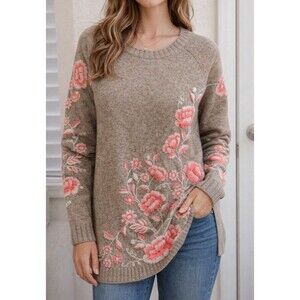 Anthropologie Sleeping on Snow Sweater Women Small Brown Floral Embroidered Wool
